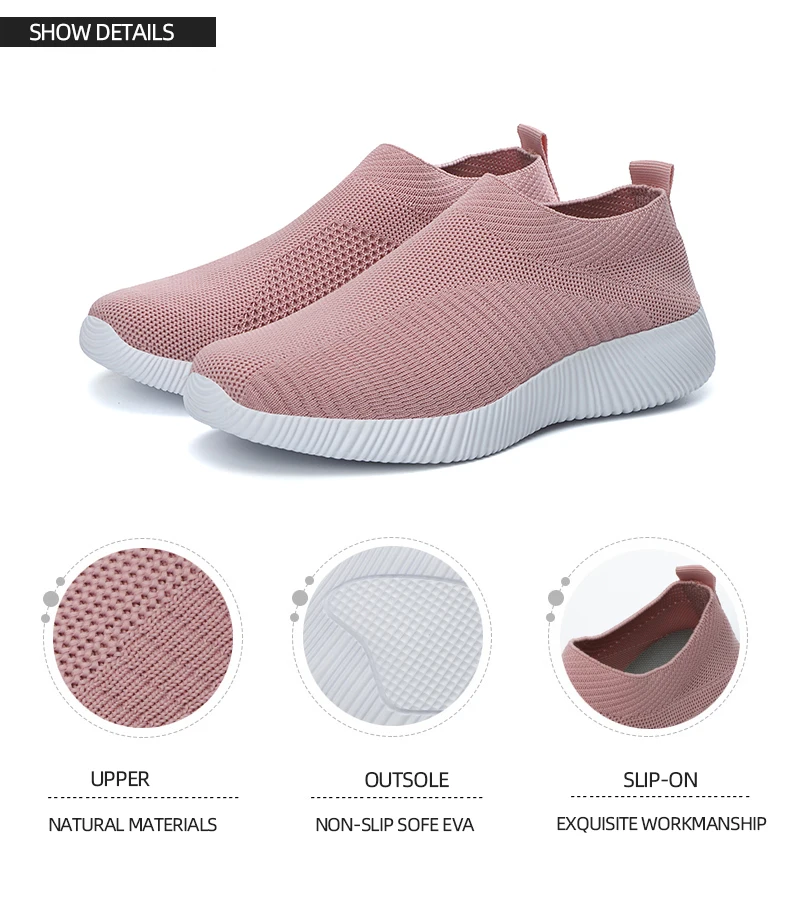 Slip-On Women Vulcanized Shoes Breathable Ladies Sport Sneakers Anti-Slip Flats Shoes Knitted Soft Sole Running Shoes Size 35-43