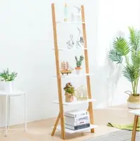 5-Tier Bamboo Ladder Shelf - Leaning Wall Design - Multi-Purpose Storage for Indoor/Outdoor - White Finish - Space-Saving Displa 1
