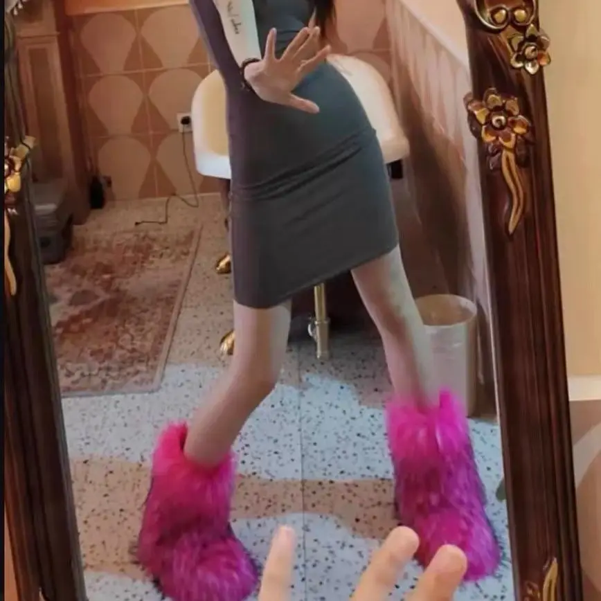 Women's Winter Fluffy Faux Fox Fur Boots Woman Plush Warm Snow Boots Luxury Footwear Girls' Furry Fur Bottes Fashion Winter Shoe