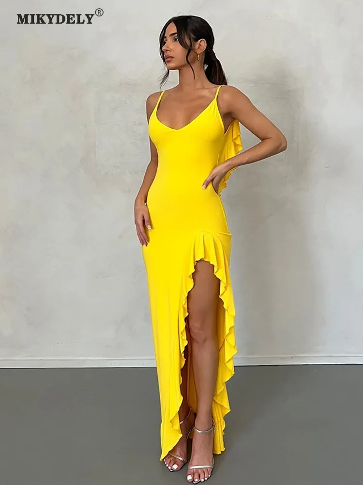 MikydelyYellowSplitPartyDressesWomenSexySplitMaxiSummer