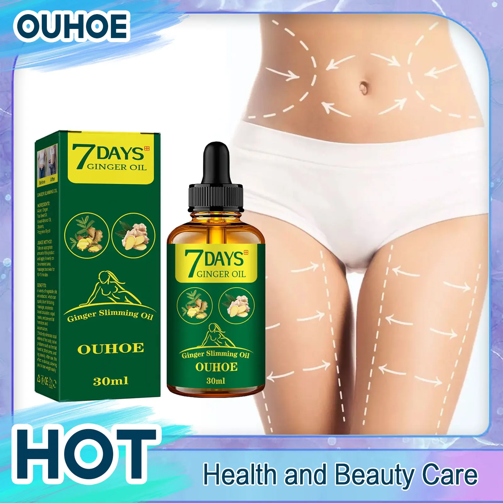 Ulei de slăbire cu ghimbir, ardere rapidă a grăsimilor, abdomen subțire, coapse, modelare completă a corpului, anticelulitic, pierdere în greutate, masaj ulei esențial 30ml_voghion.com