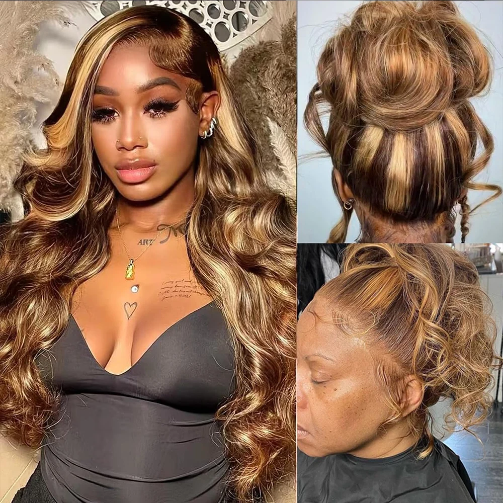 250 Density Highlight 360 Lace Front Wig Human Hair P4/27 38 Inches HD 13X4 Lace Front Wig Body Wave Highlight Wig Human Hair