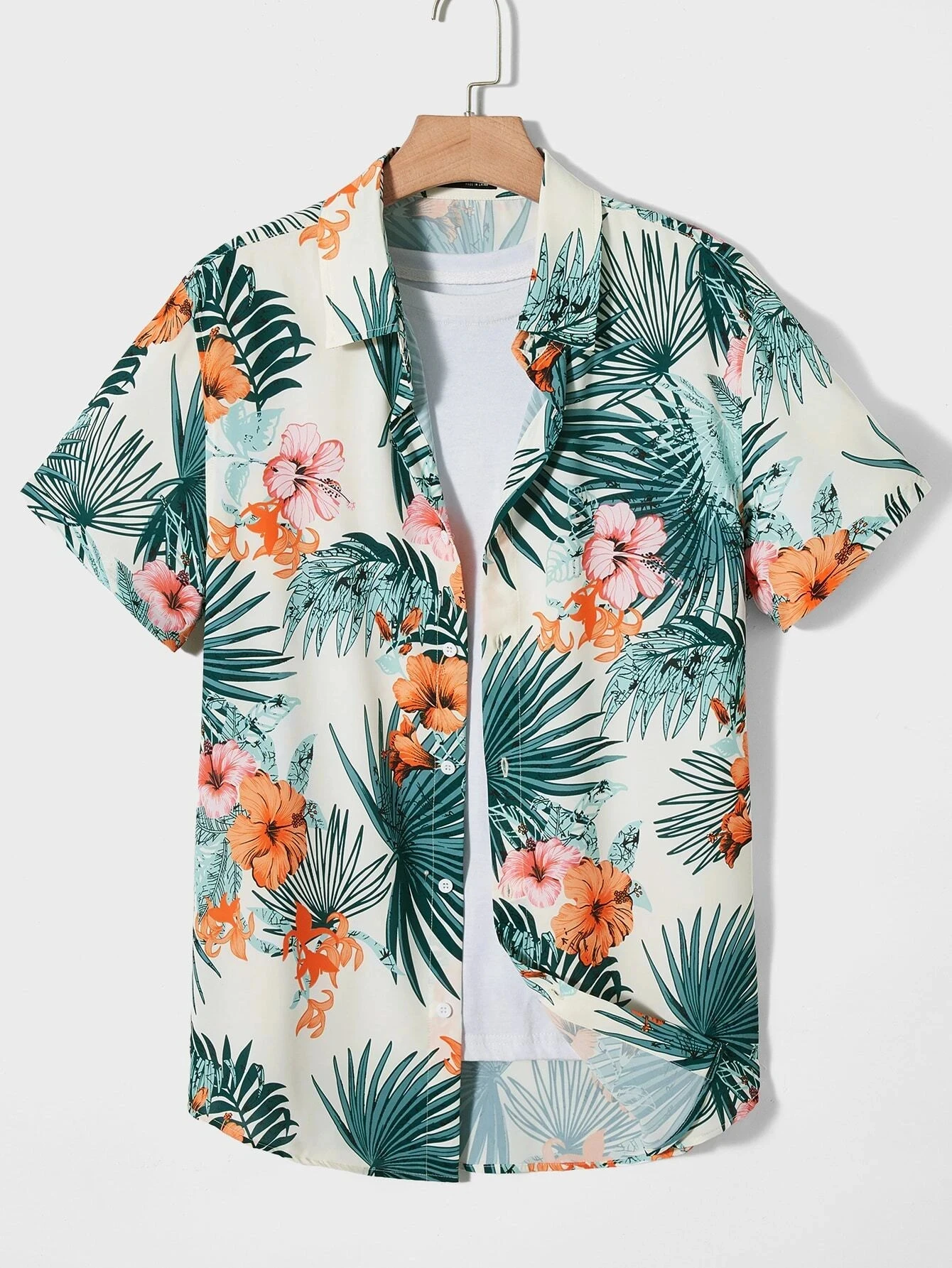 Hawaiian Botanical Flower Print Men's and Women's Short Sleeve Lapel Seaside Button-Down Shirt Top Casual Fashionable Shirts 1