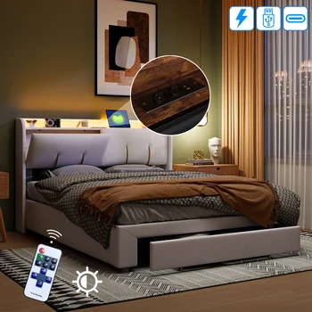 Letto matrimoniale con presa di ricarica LED e USB, funzione di archiviazione pneumatica, presa di ricarica europea, letto per camera da letto per adulti, beige, velluto 1