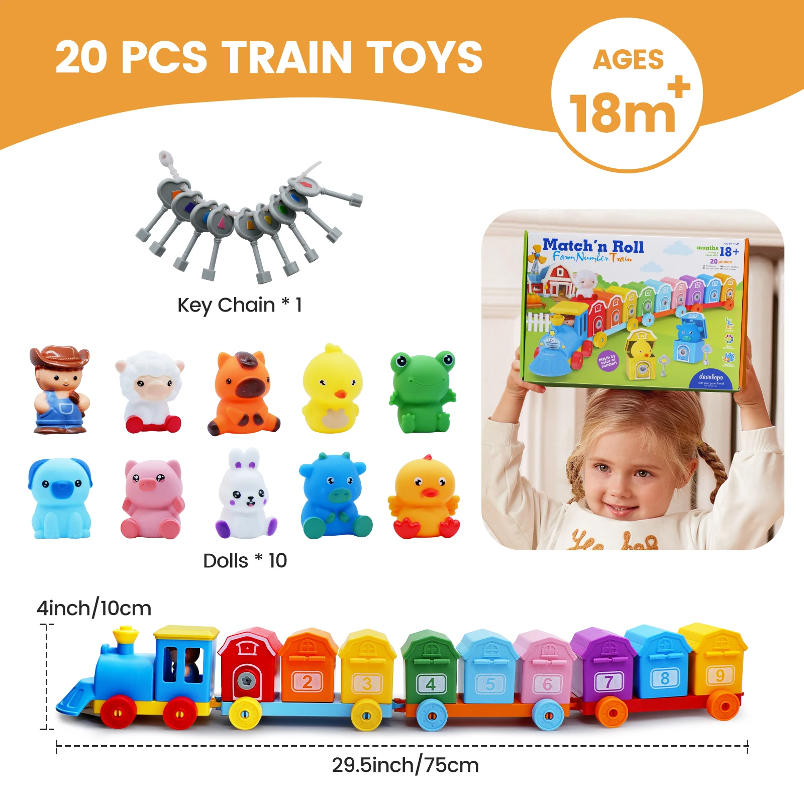 Toddler Learning Toys Farm Animals Train Set with Finger Puppets, Color Matching Toy Unlock Barns Fine Motor Game Counting Toys