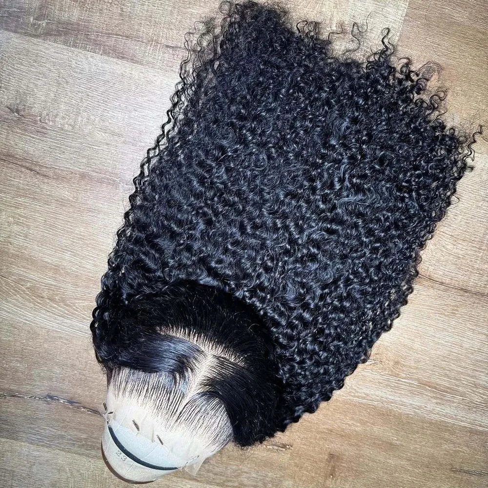 Kinky Curly Wave HD Transparent 13x4 Lace Front Wig Brazilian Human Hair Pre Plucked Natural Black Curly Wave Wig With Baby Hair 3