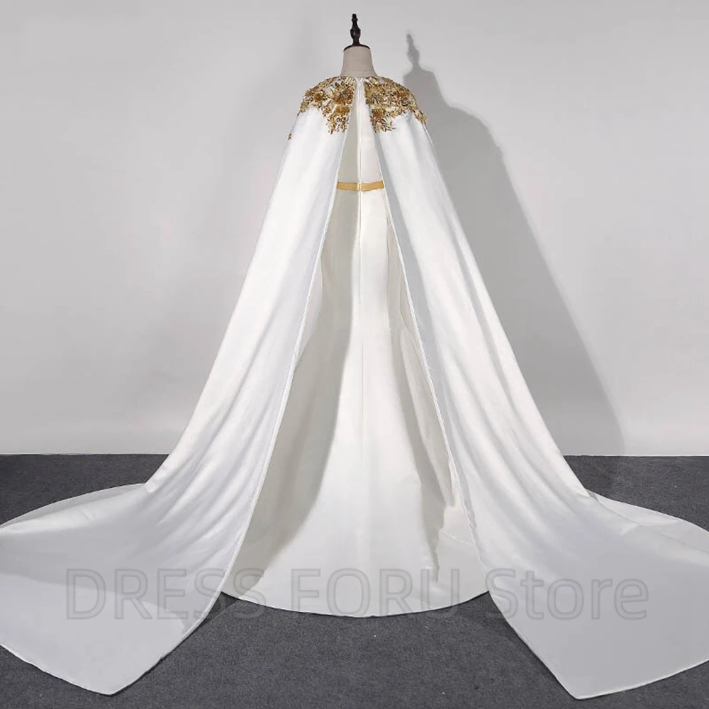 Luxury Muslim Floor Length Evening Dress O-Neck Long Sleeve Gold Applique Mermaid Women Banquet Party Custom Shawl Cape Gowns 2