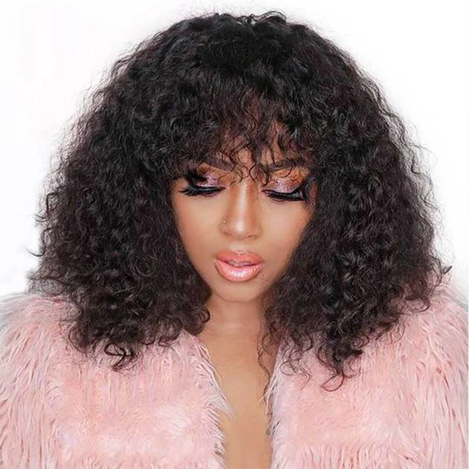 

Short Water Wave Pixie Cut Bob Human Hair Wig With Bangs Full Machine Wigs For Black Women Remy Perruque Cheveux Humain Curly