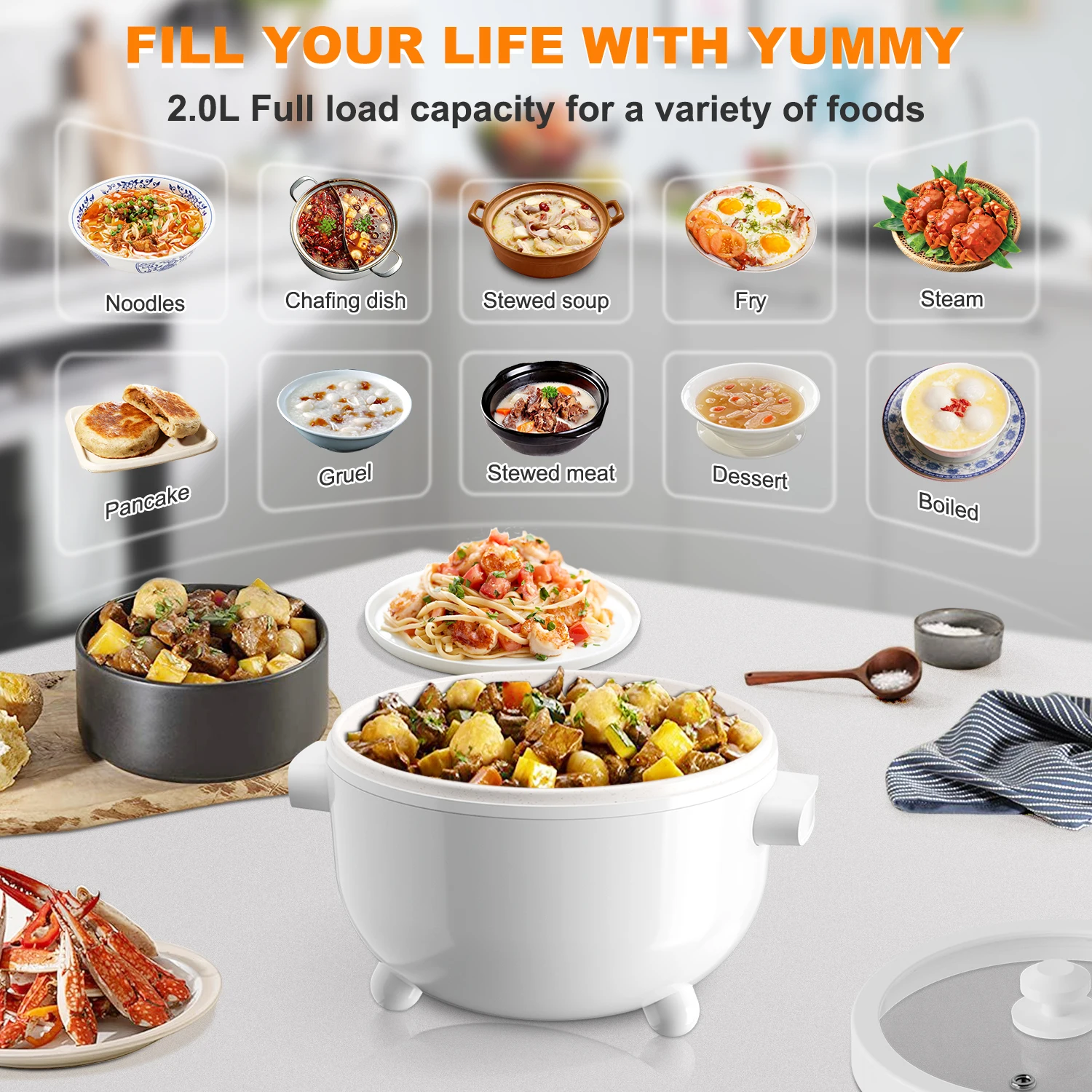 Hot Pot Electric, 2L Rapid Ramen Cooker for Dorm, Electric Pot for Cooking with Veggie Egg Steamer, Portable Nonstick Frying Pan 5