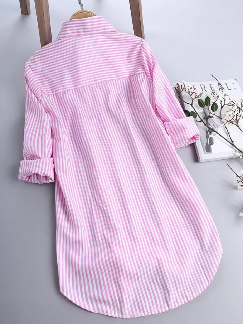 Ladies Turn-Down Collar Blouse Shirt Top Spring Autumn Loose Casual Female Women Striped Long Sleeve Blouse Top Shirt Plus Size 3