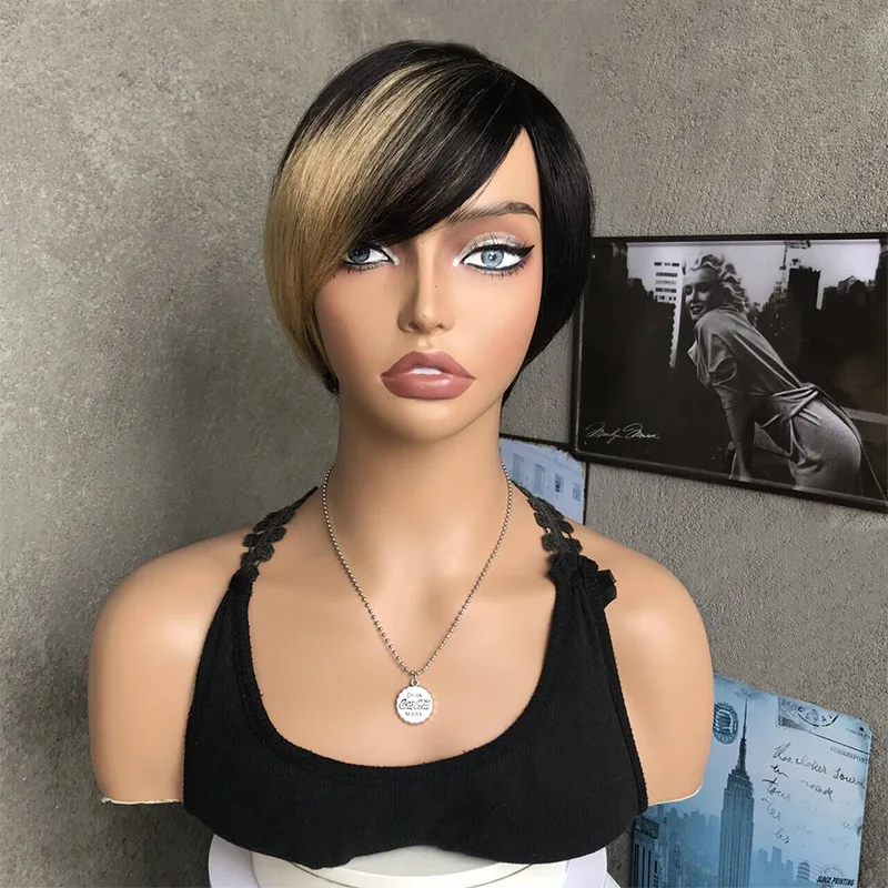 Ombre Pixie Cut Wig With Bangs Brazilian Virgin Human Hair Full Mahine Made Wigs-Short Straight Bob Style For Women