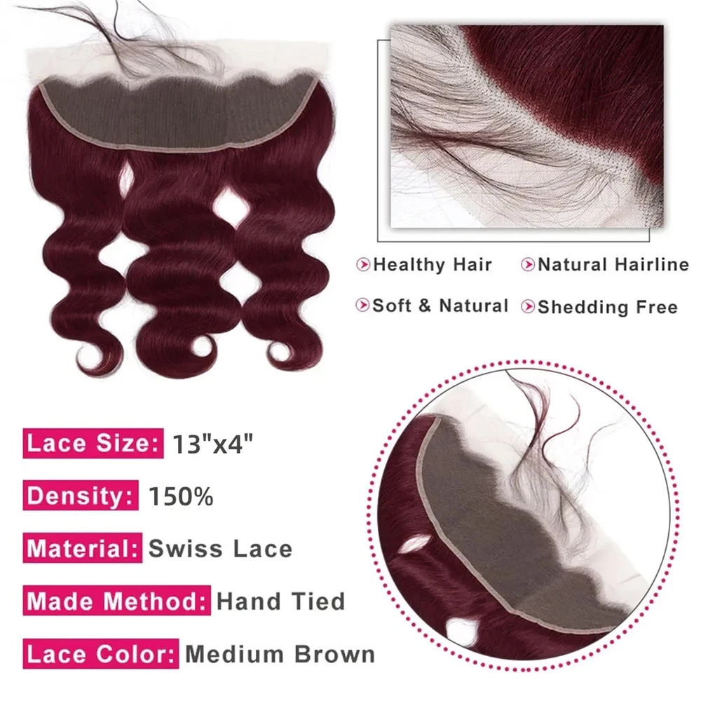 #99j Body Wave Bundles With Closure Frontal 13x4 Lace 100% Human Hair Extensions Burgundy Colored Human Hair Bundle And Frontal