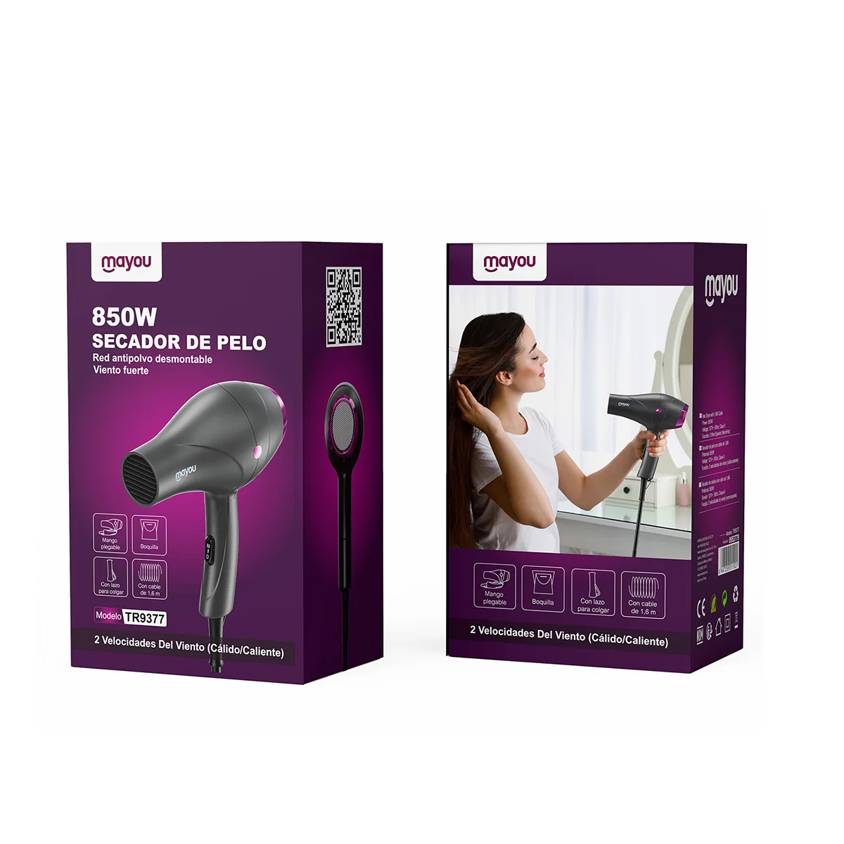 Secadora de Cabello Compacta Mayou 850W con Mango Plegable, 2 Velocidades de Viento, Ideal para Casa y Viaje