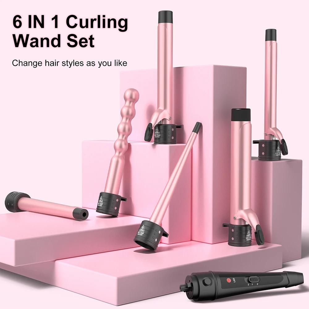 Lofamy 6 In 1 Professional Multifunction Rose Gold Curling Iron Interchangeable Ceramic Hair Styler Curler Set Free Shipping - Hair Curler 