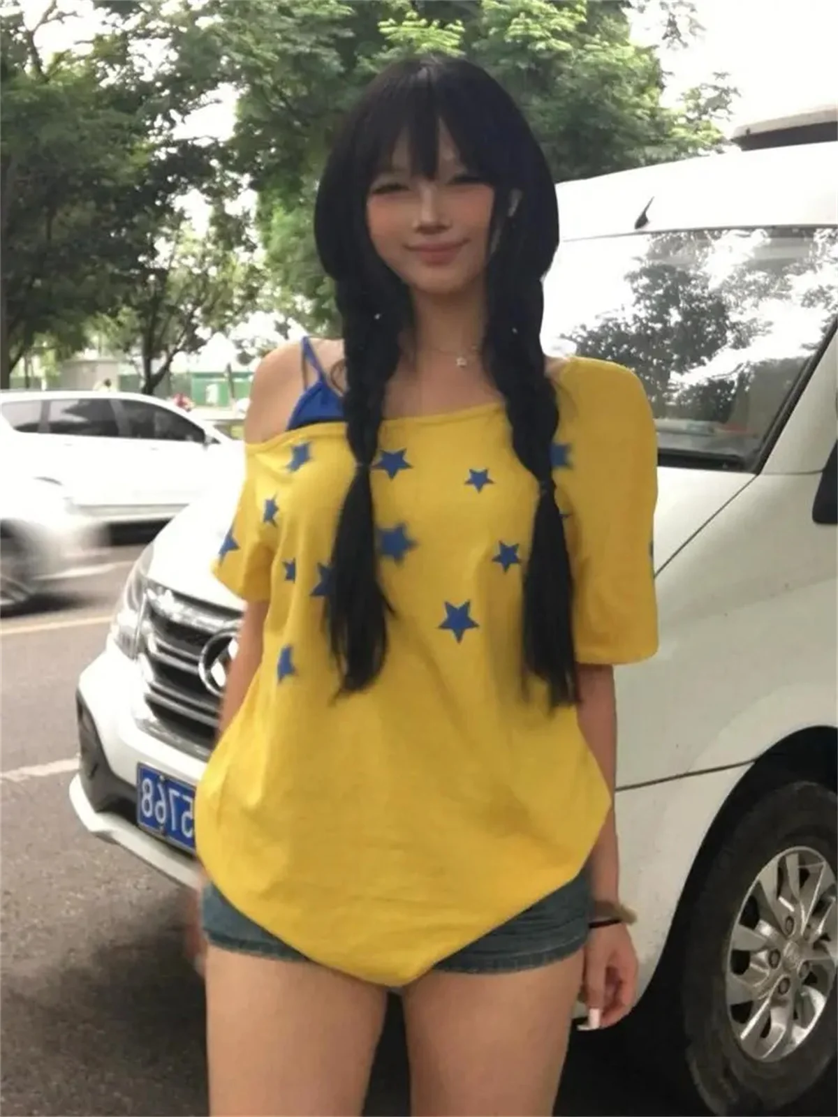 Fashion Yellow Patchwork Women's T-shirt Short Sleeve Summer Tops American Retro Skew Collar Graphic Tee 2000s Clothes Y2k 3