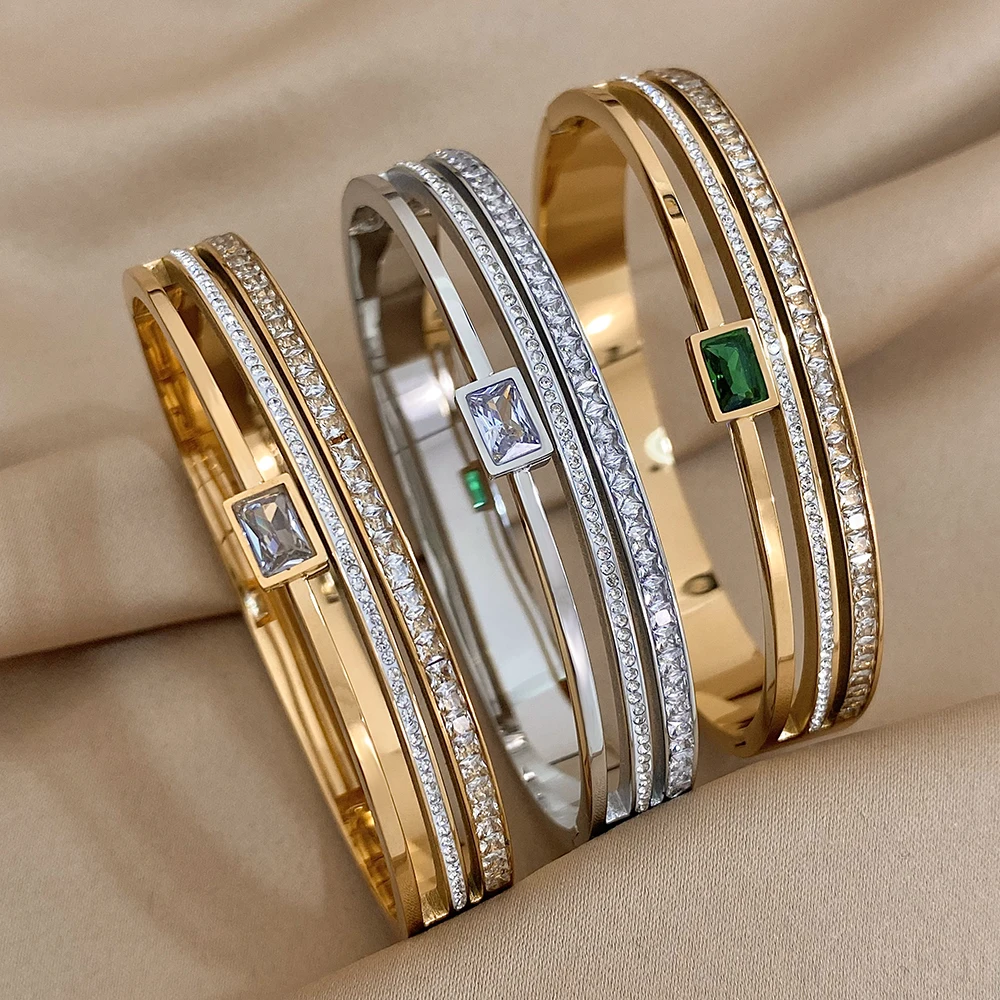 Luxury Stainless Steel Cuff Bracelet For Women Mens Gold Silver Color Couple Bracelets Green White Rhinestone Wide Bangle Gift
