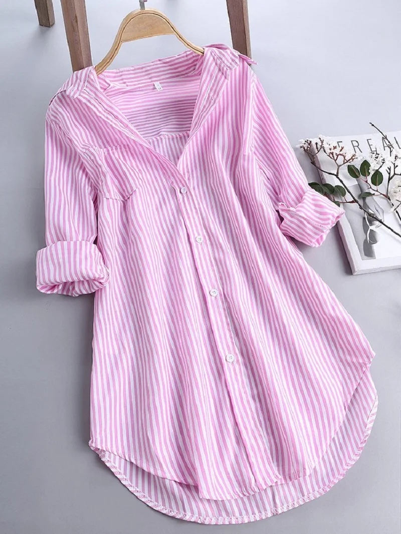 Ladies Turn-Down Collar Blouse Shirt Top Spring Autumn Loose Casual Female Women Striped Long Sleeve Blouse Top Shirt Plus Size 2