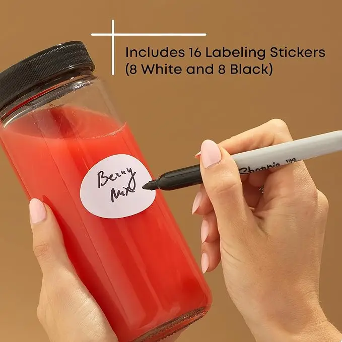 Set of 8 Glass Juice Bottles, 16 oz Capacity, Includes Caps & Labels, Ideal for Juice, Cold Brew, or Smoothie Storage. 5