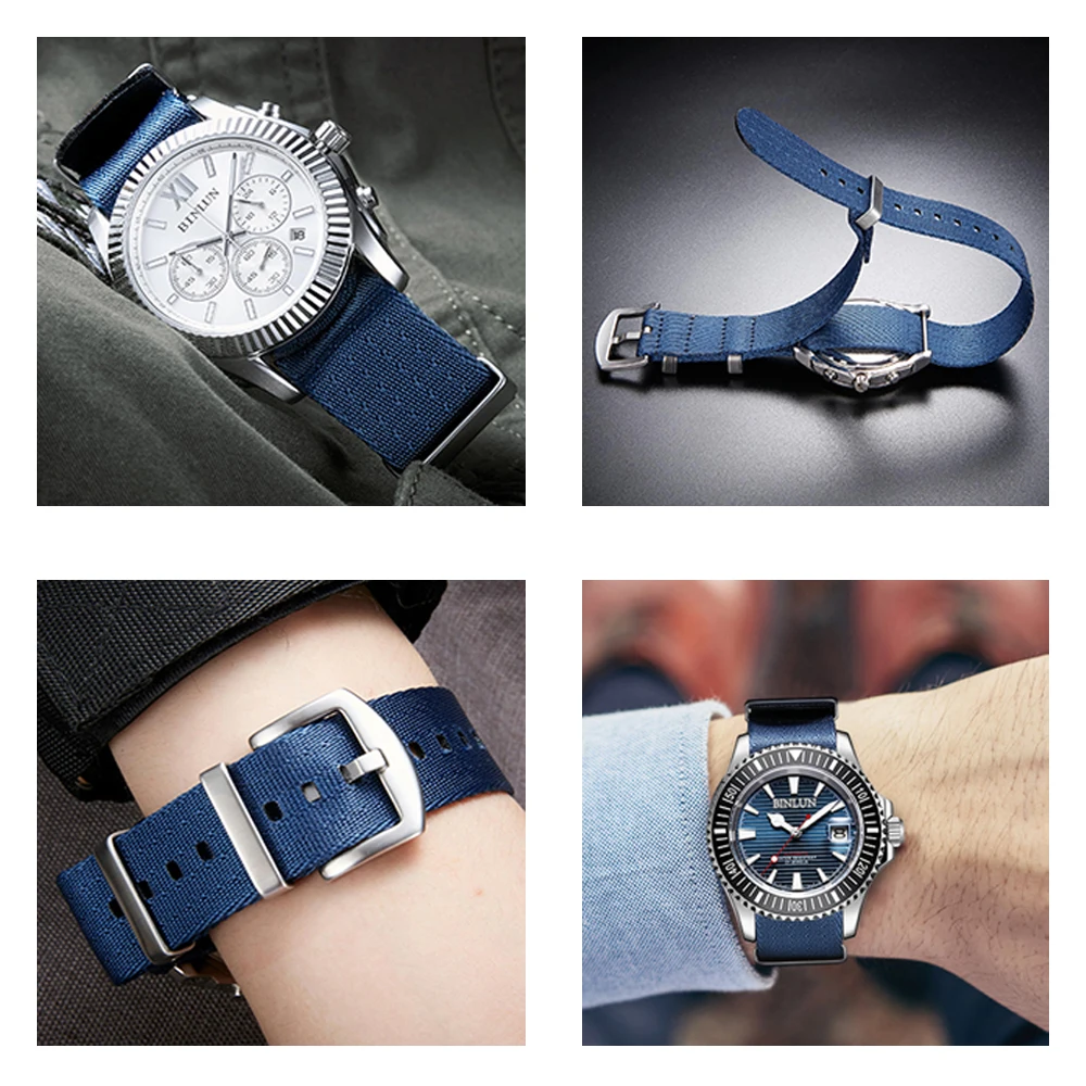 BINLUN Premium Nylon Watch Band 22mm 18mm 24mm 20mm Watch Straps Blue Black Watch Bracelet Military Strap Zulu Wristband for Men