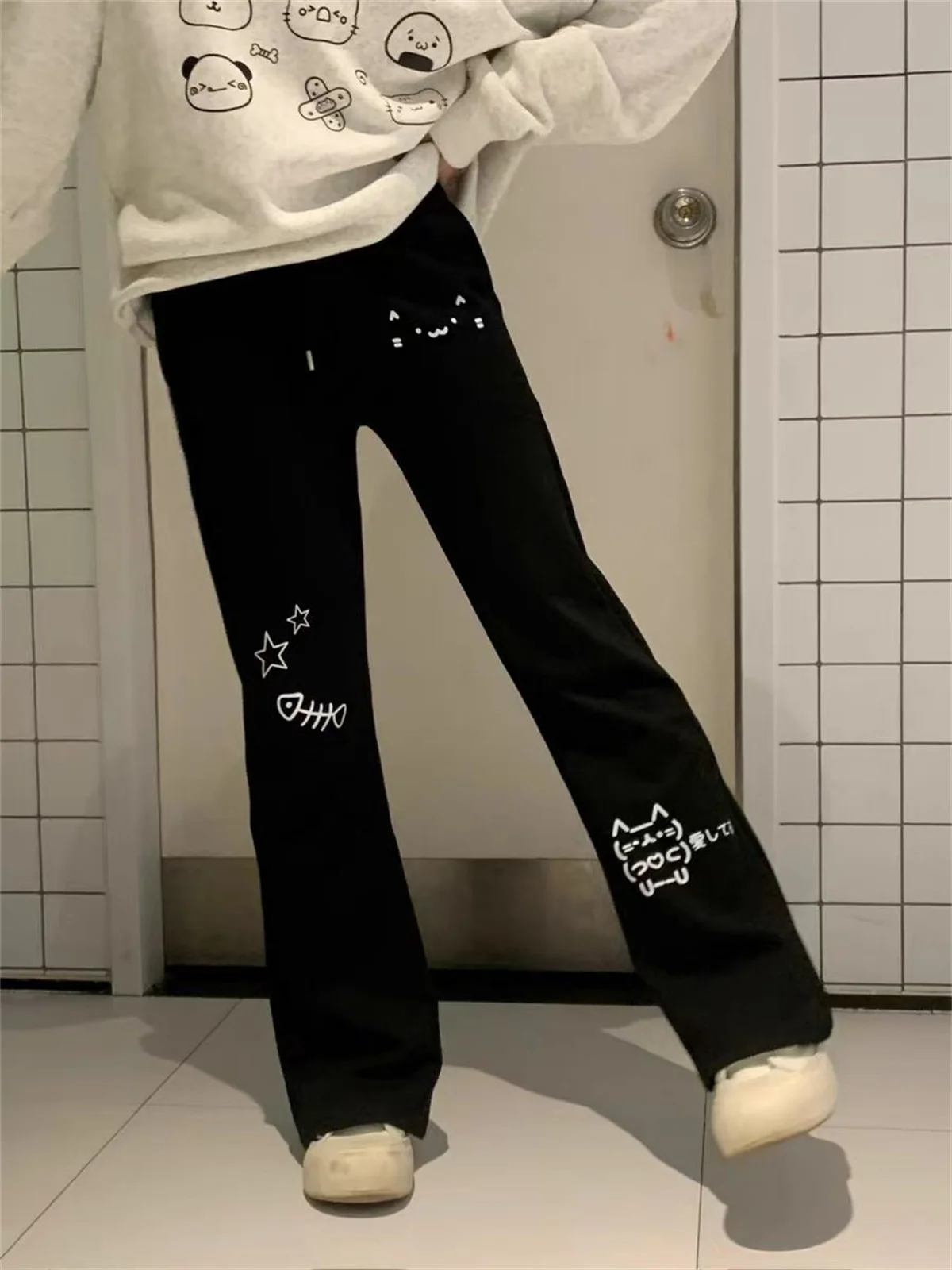 Japanese Wide Leg Cargo Pants Women Cartoon Print Preppy Style Pantalones Mujer Y2k Aesthetic Grunge Pocket Joggers Sweatpants