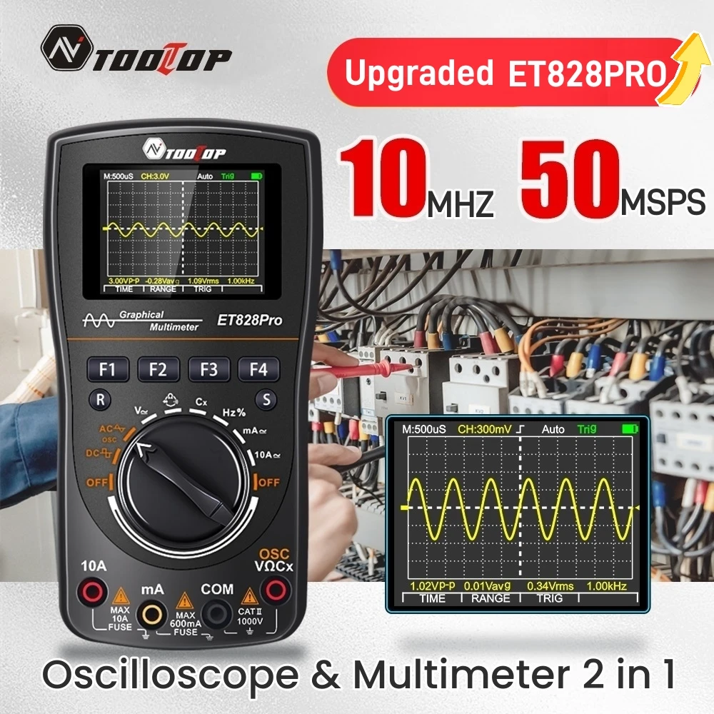 TOOLTOP ET828 Pro 50Msp/s 10MHz Handheld Digital Oscilloscope True RMS for DIY Electrical Car Overhaul Oscilloscope Multimeter