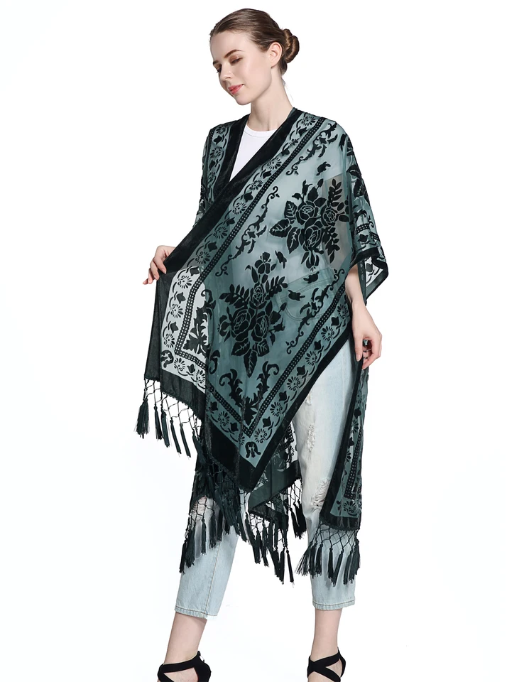 Burnout Velvet Kimono Cardigan with Tassels