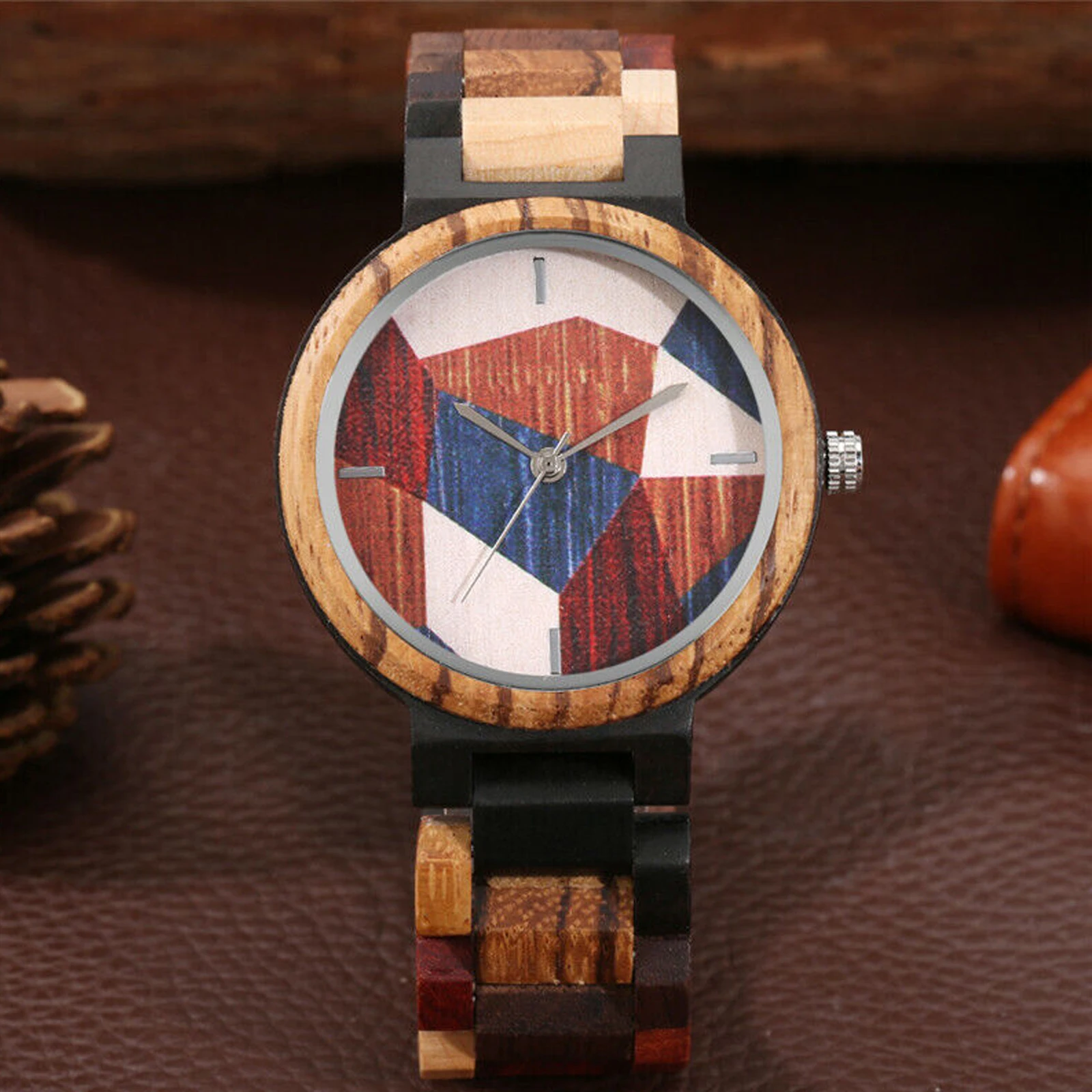 FANDAO mixed color all-wood men's watch irregular pattern round dial quartz wristwatches wooden bracelet watch folding clasp