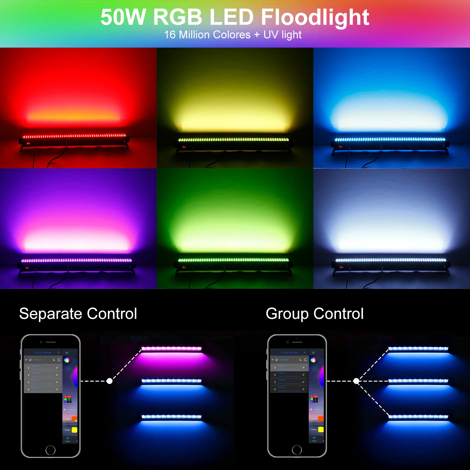 UV+RGB Lights 50W,Color Changing Lights,Black Light for Glow Party,RGB Flood Light,with Switch and Remote,for Garden Lighting