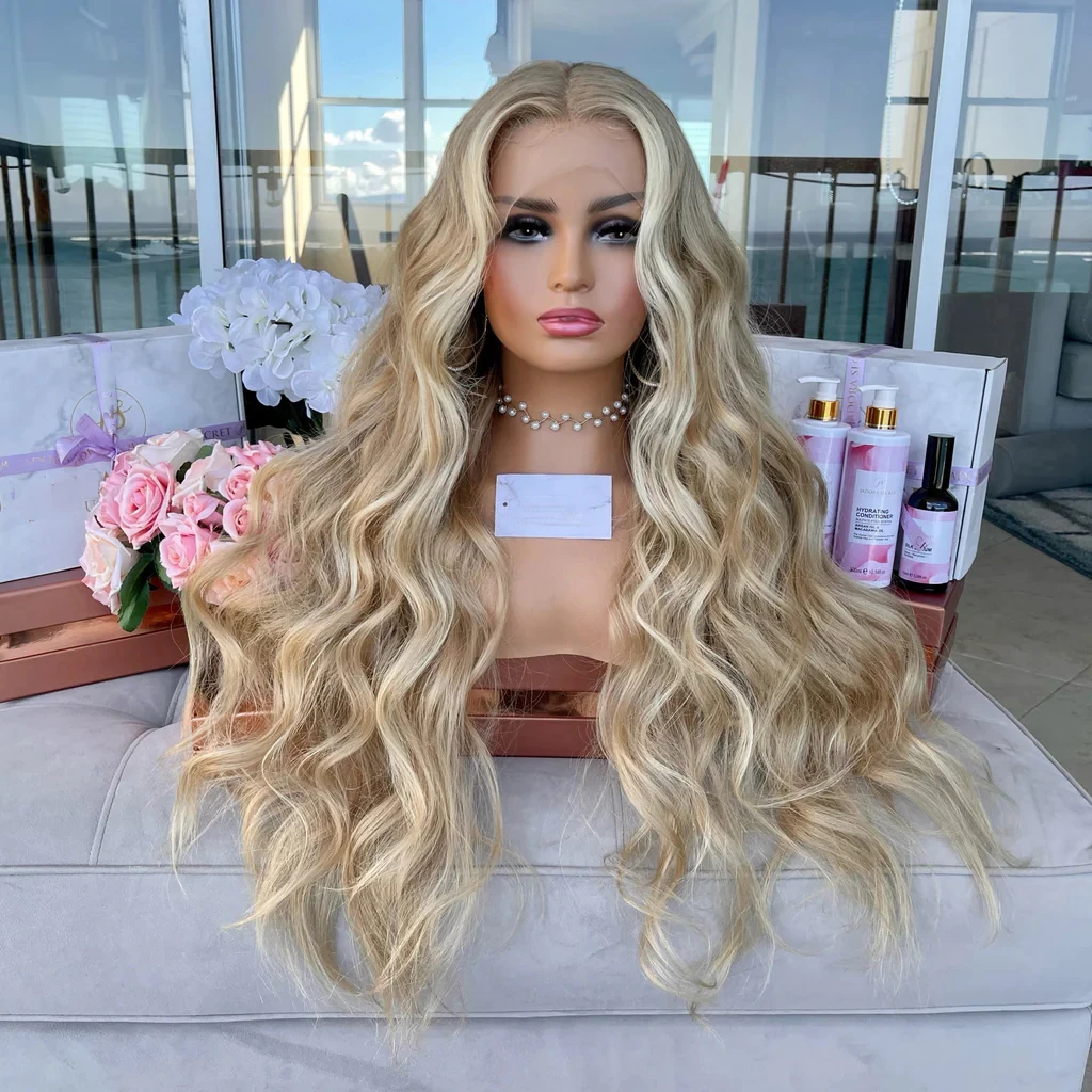 

Light Ash Blonde Highlights Wig Vrigin Human Hair Full Lace Wigs 28" 200% Thick Wavy Lace Front Wig 13x6 HD Natural Hairline