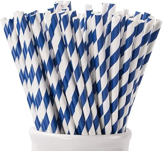 100Pcs Disposable Straws Navy Blue Striped Bulk Party Birthday Wedding Christmas Decoration Cocktail Coffee Drinkware Supplies