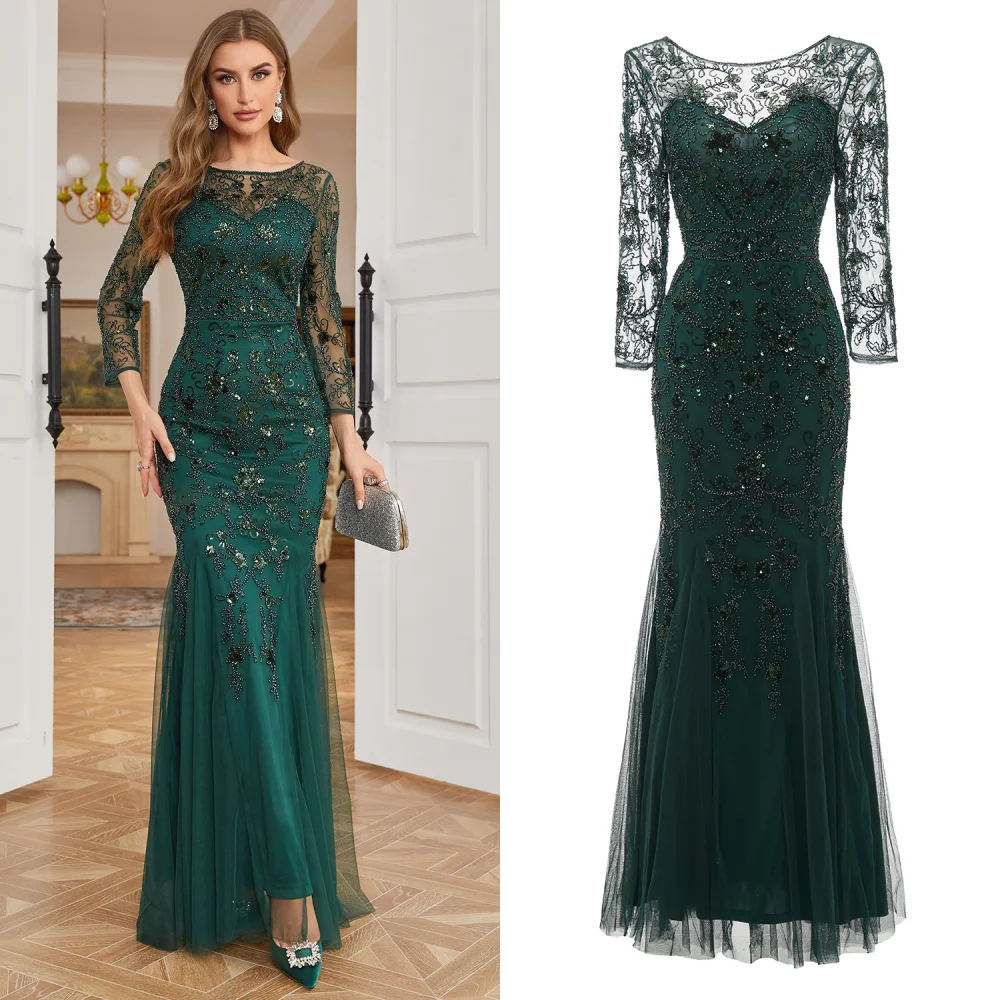 

Dark Green Boat Neck Long Sleeves Beading Lace Formal Evening Mother Dresses For Any Party Wedding Prom Gown For Women