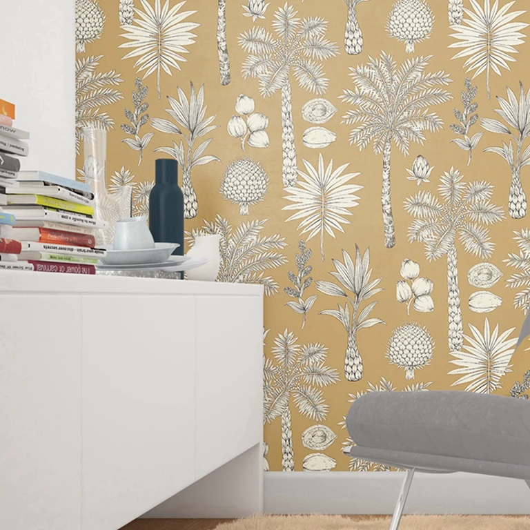 Franch Lush Tropical Palms Wallpaper, ilustração botânica