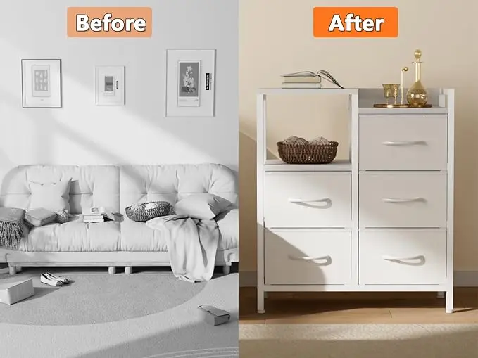 5-Drawer White Dresser - 2-Tier Shelf & Fabric Storage - Sturdy Metal Frame - Modern Design - Compact for Bedroom, Closet 4