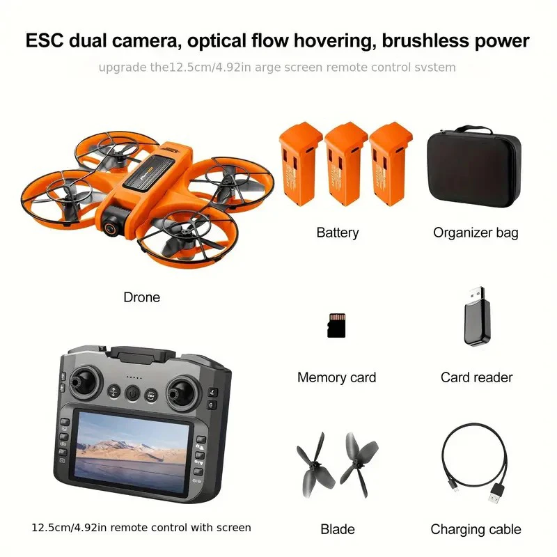 Drone S156 Orange avec 3 Batteries – Vol Longue Durée, vue de dessous montrant les hélices