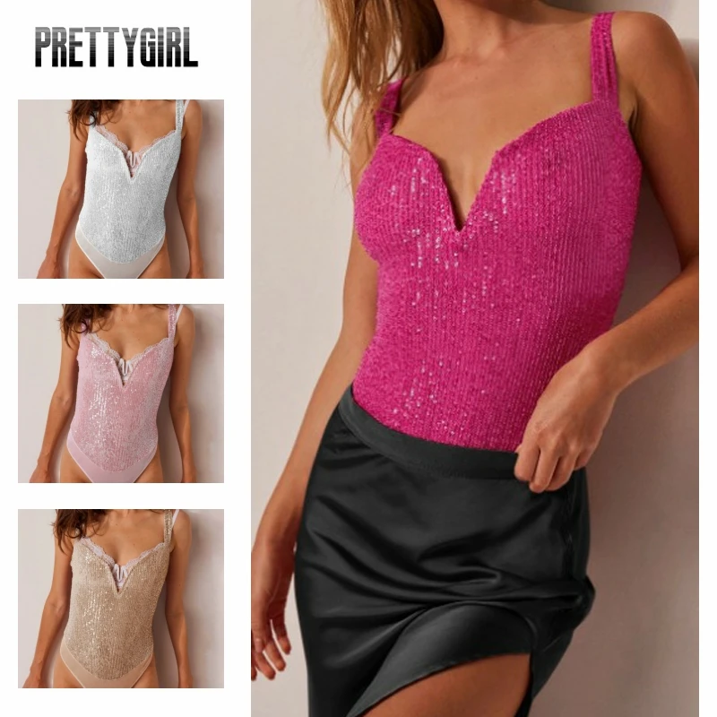 

Women's One-Piece Glitter Sequins Sexy Sleeveless Bodycon Party Clubwear Outfits Women Bodysuits Spaghetti Straps V-neck Body