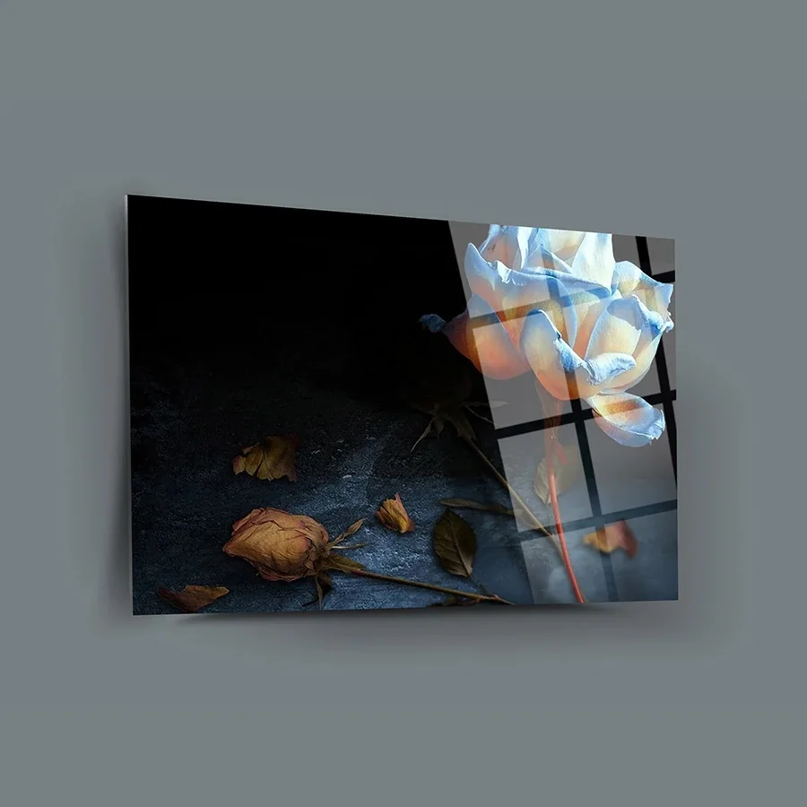 

Dried Roses Wall Decor, Glass Wall Art, Frameless Free Floating Tempered Glass Panel, Home Office Living Room Decoration,