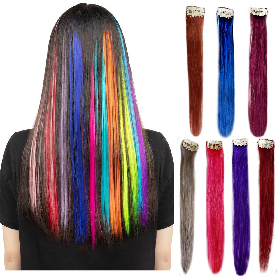 

multi-colors Clip In Hair Extensions one piece human hair colored rainbow Hairpiece Party highlight long straight for woman
