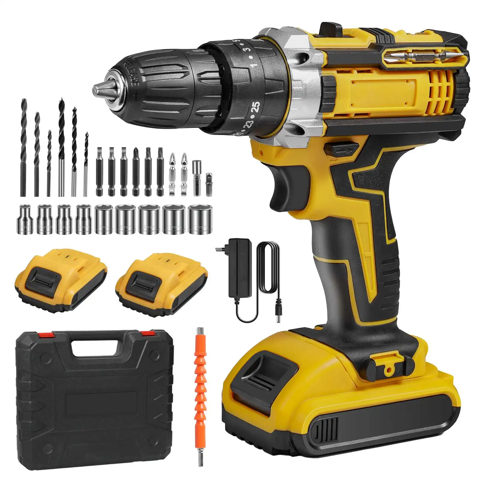 21V Cordless Drill Set, 23 Pieces Drill with 3/8" Keyless Chuck, 25 3 Clutch Drill with Work Light, Max Torque 45Nm, 2 Speeds