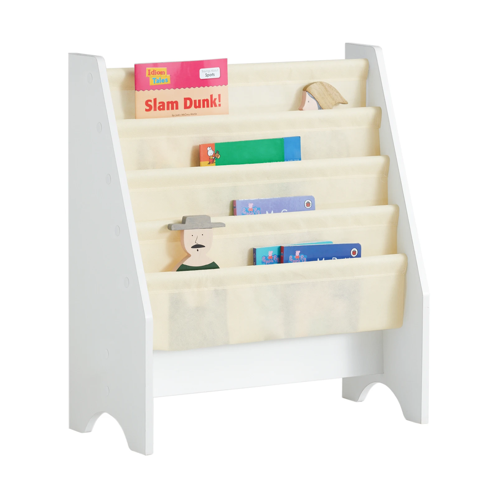 SoBuy FRG225-W Bibliothèque pour enfants Étagère pour ventilateur à main suspendue Support pour journaux avec 4 étagères Porte-livres BHT environ : 62x71x29 cm