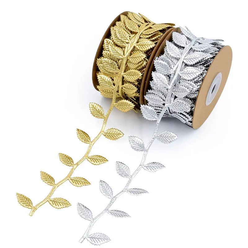 PD new imitation leather gold and silver leaf ribbon flower gift box packaging leaf lace decorative ribbon 10 meters