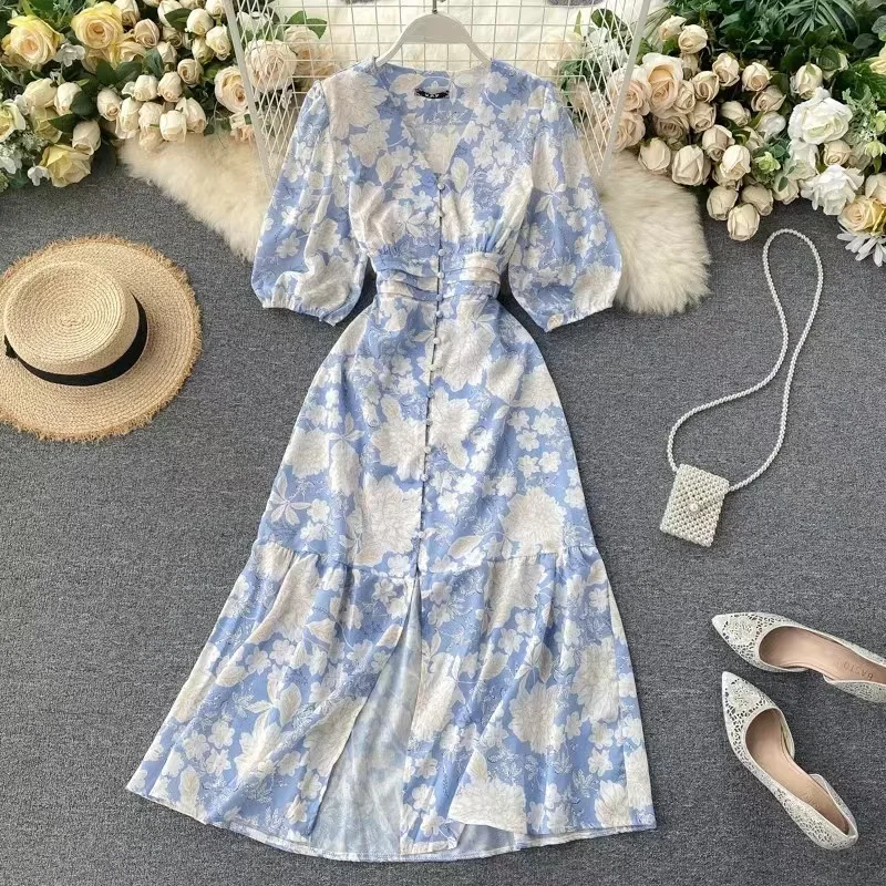 

Summer Boho Spring Floral Printed V-neck Single Breasted Women A-line High Waist Midi Vintage Chic Lady Flare Sleeve Dress