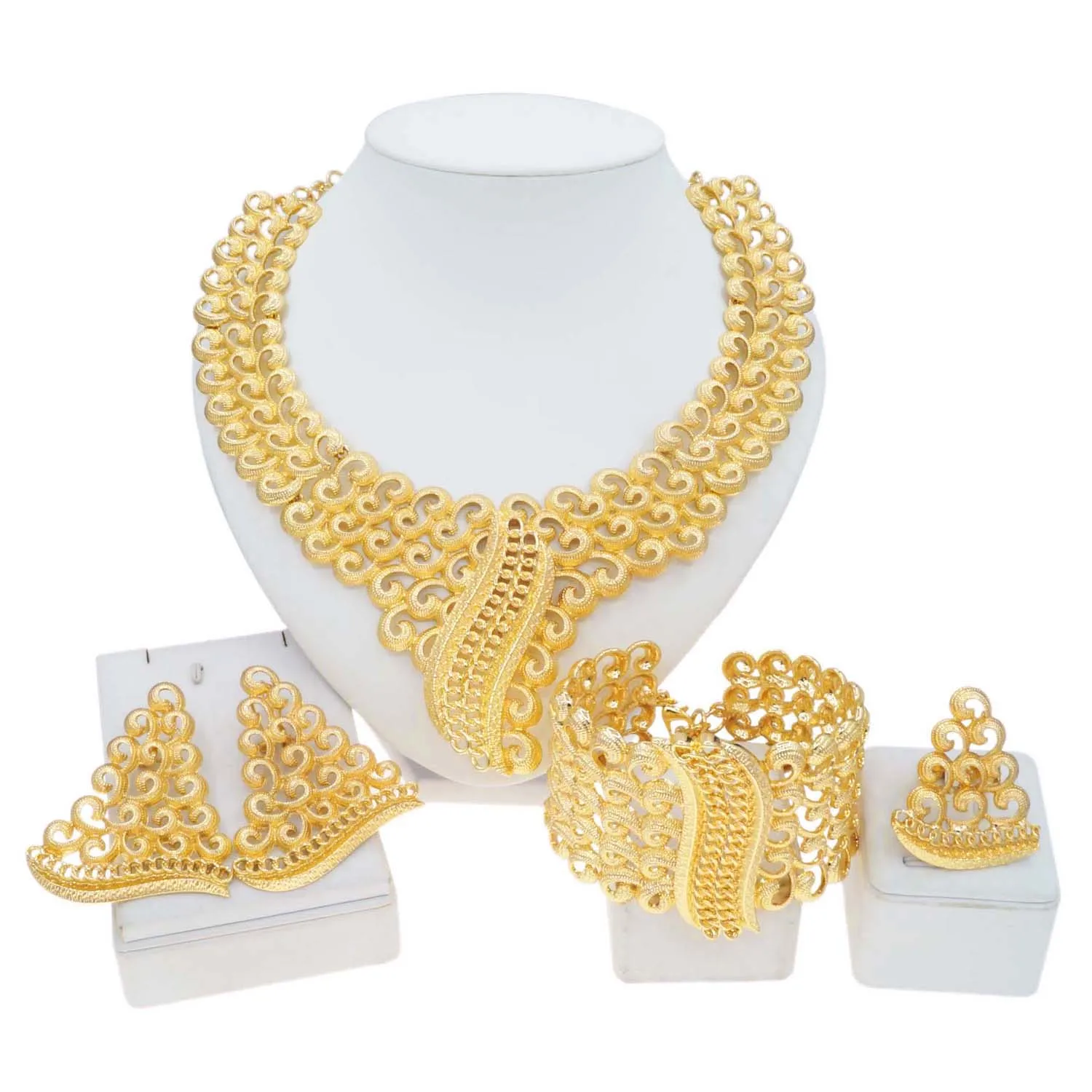 Jewelry Set Women Italian Brazilian Gold Plated Luxury Wedding Necklace Earrings Bracelet Set Gold Colors Party Jewelry