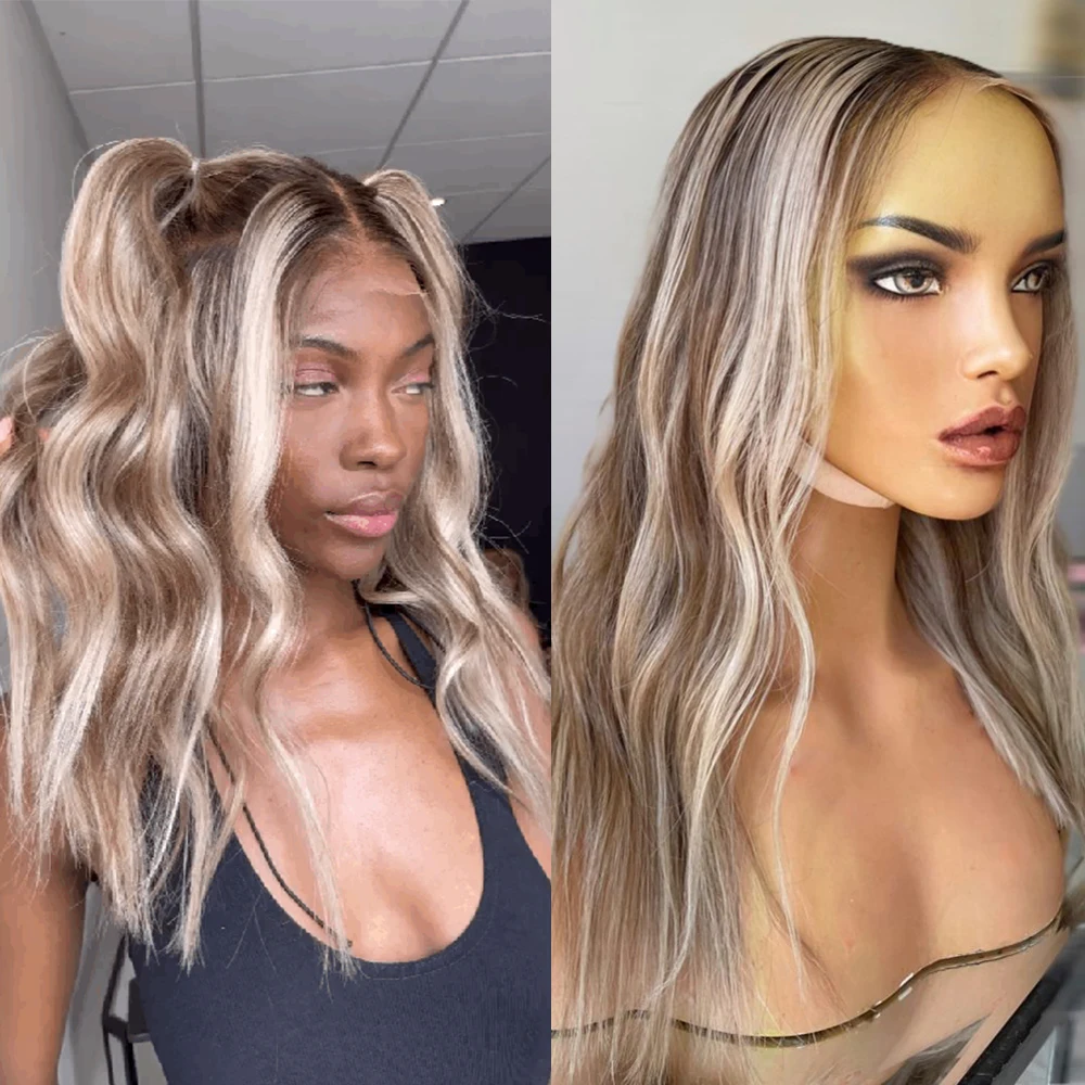 

Medium Length Wig 100% Raw Human Hair Dark Roots Ash Blonde Highlights HD 13x6 Lace Front Wig Slight Wavy Full Lace Wig Glueless