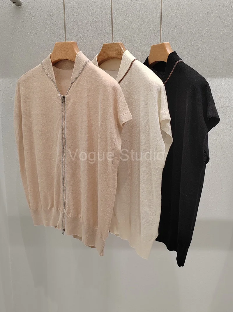

2023 Summer Collection Casual Linen Beaded Zip Blouse