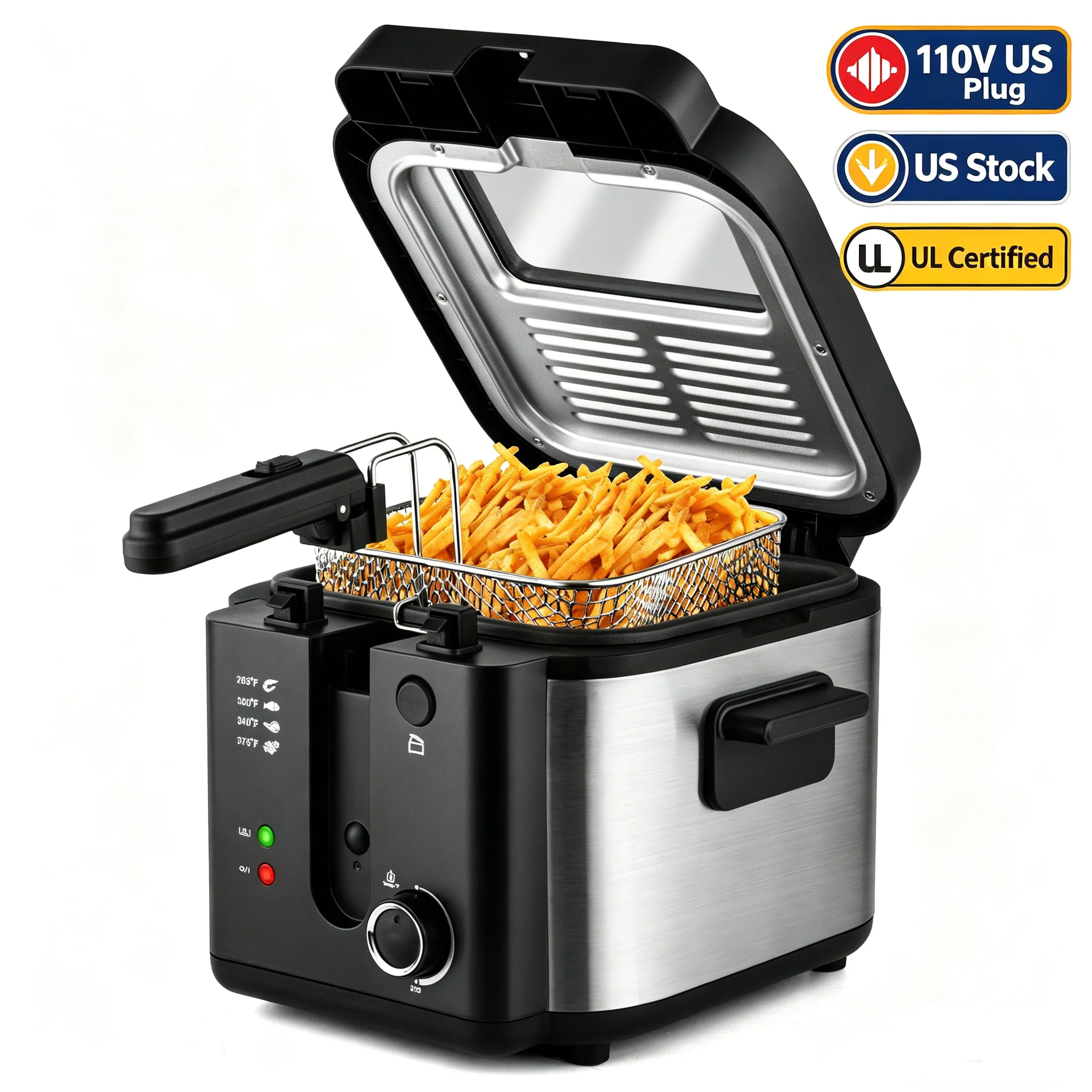 2.5L 1500W Electric Deep Fryer (US Plug) Large Capacity Countertop Home Fryer for Fried Chicken Fries Pot UL 1