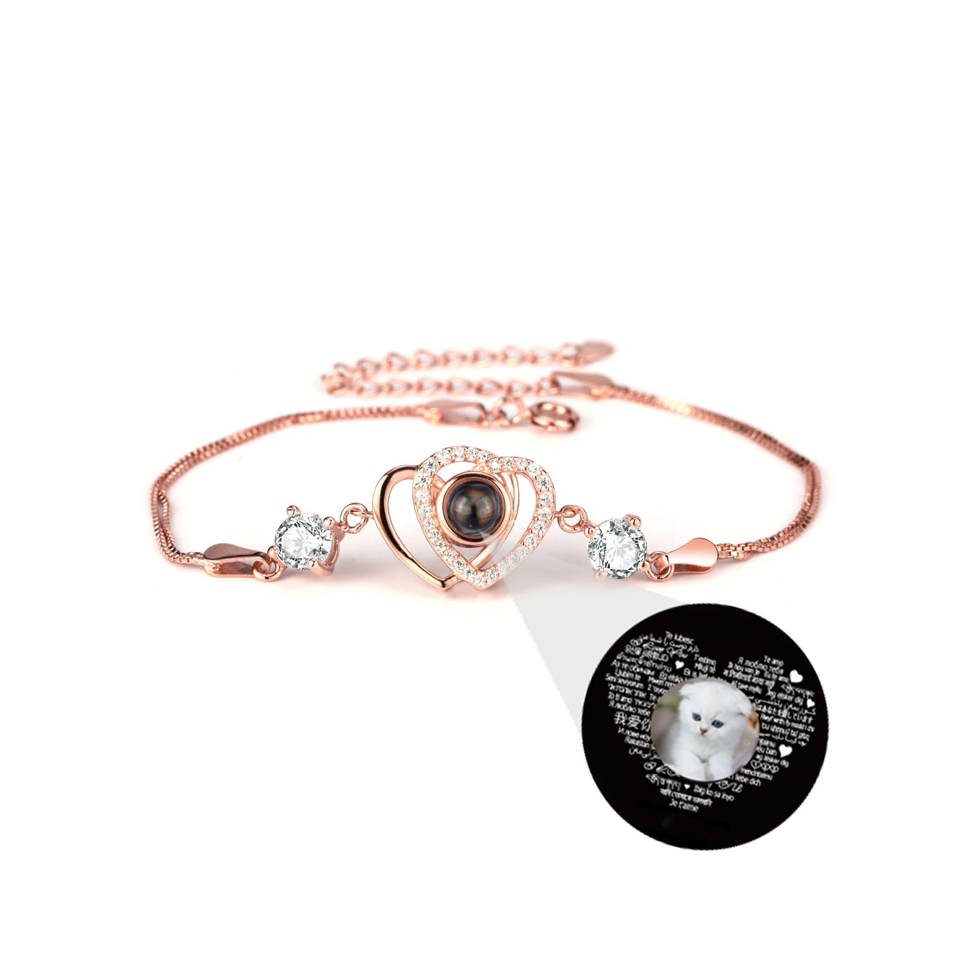 925 Silver Photo Projection Bracelet Personalized Custom Double Heart Chain For Women Zircon Jewelry Memorial Accessories