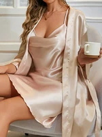 2 Pack Womens Solid Color Elegant Pajama Set Solid Sleeveless Nightgown with Tie Robe Loungewear - Image 6