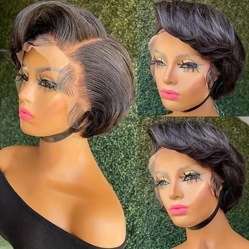 Short Bob Wig Pixie Cut Wig Straight Human Hair 13X4 Transparent Lace Frontal Natural Color Straight Pixie Cut