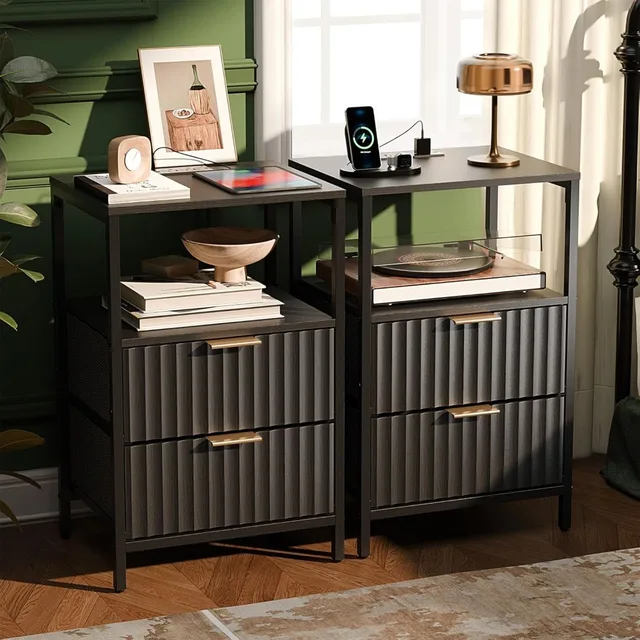 Black Nightstands Set of 2 with Fabric Drawers, Fluted Nightstands with Charging Station, Night Stand Set of 2, Small Bedside Ta