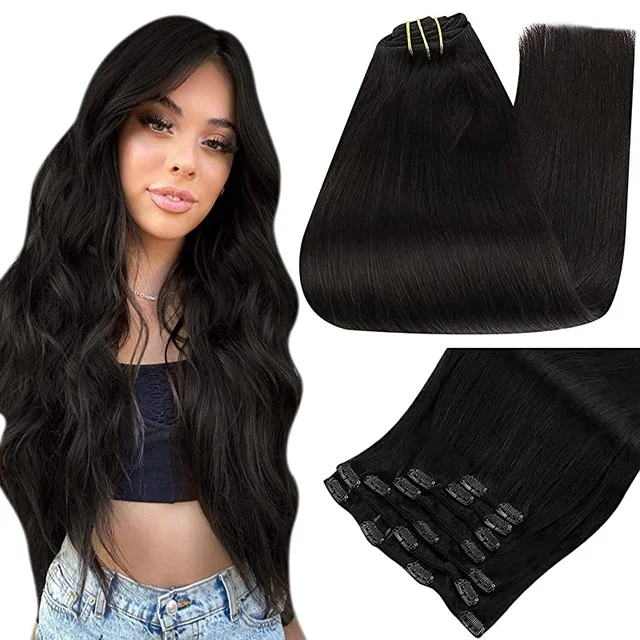 Full Shine Clip In Human Hair Extensions Balayage Ombre Blonde Black Hairpins 7pcs 120g Double Weft 100% Machine Remy For Woman 1B Off Black